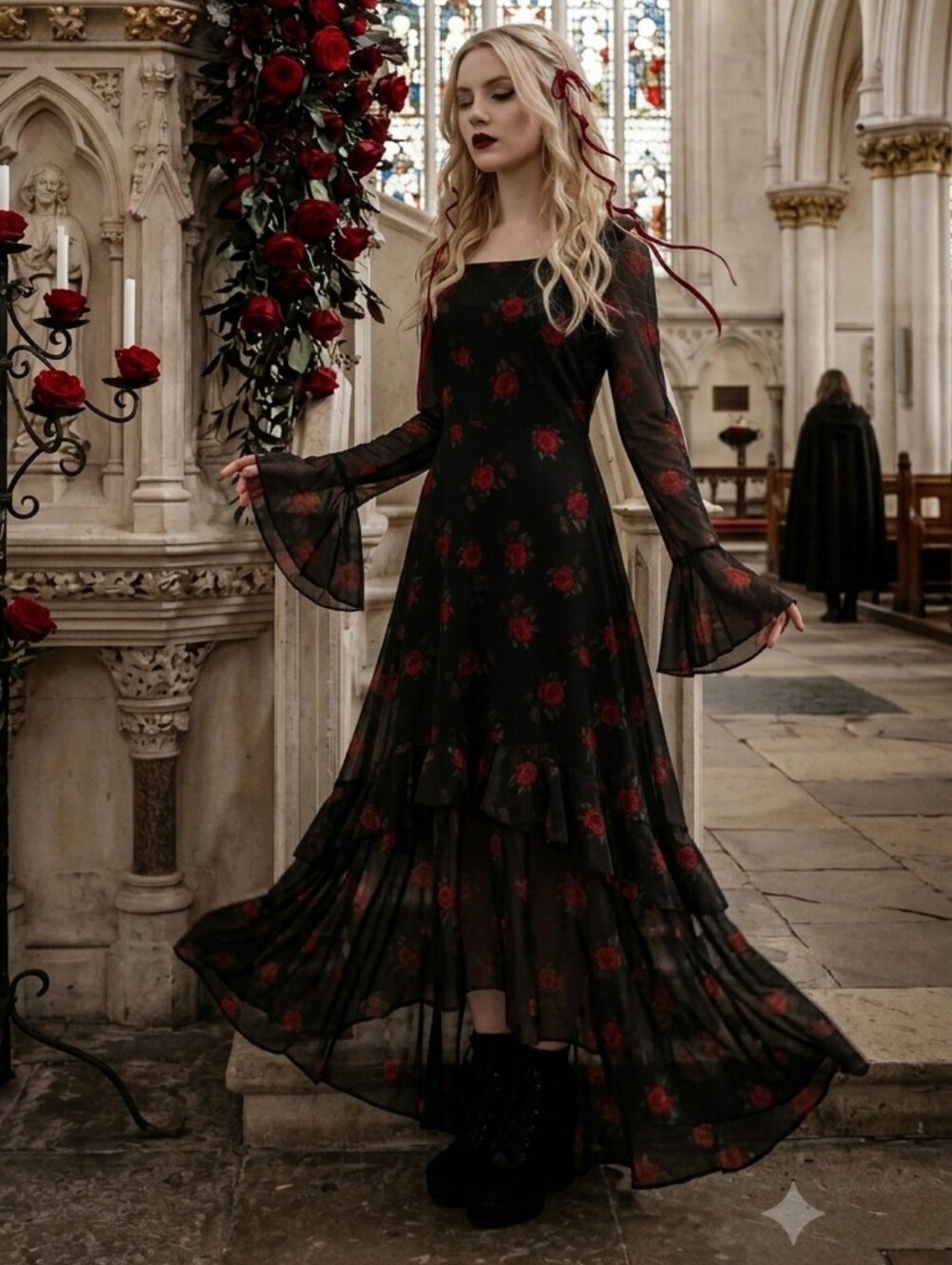 Elegant Black High-Low Maxi Dress with Red Rose Print - Picture 9 of 11